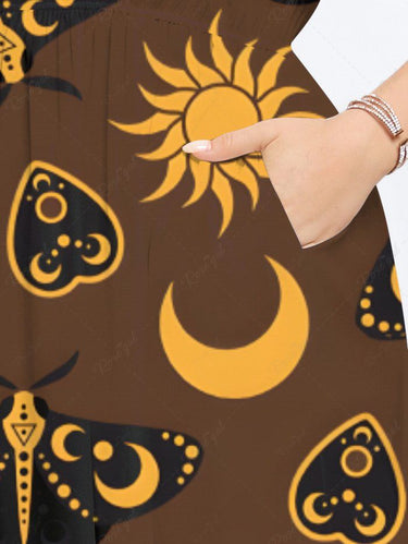 Gothic Plus Size Sun Moon Heart Butterfly Print Split Pocket A Line Midi Dress