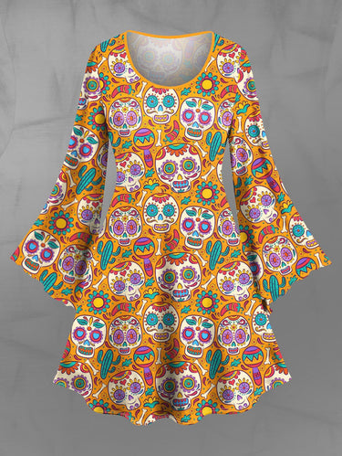 Gothic Plus Size Colorful Skull Flower Cactus Print A Line Mini Dress