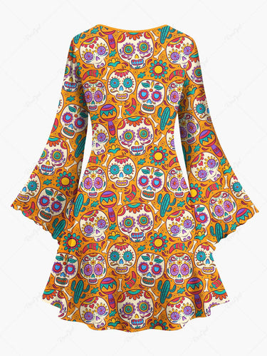 Gothic Plus Size Colorful Skull Flower Cactus Print A Line Mini Dress