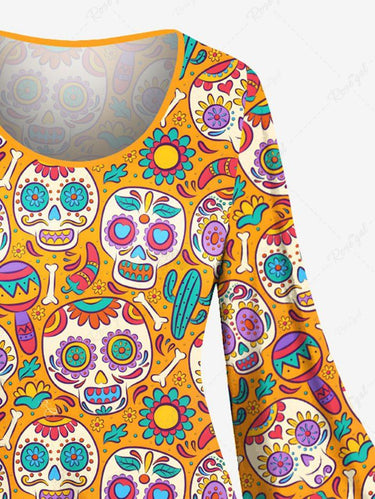 Gothic Plus Size Colorful Skull Flower Cactus Print A Line Mini Dress