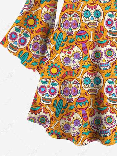 Gothic Plus Size Colorful Skull Flower Cactus Print A Line Mini Dress