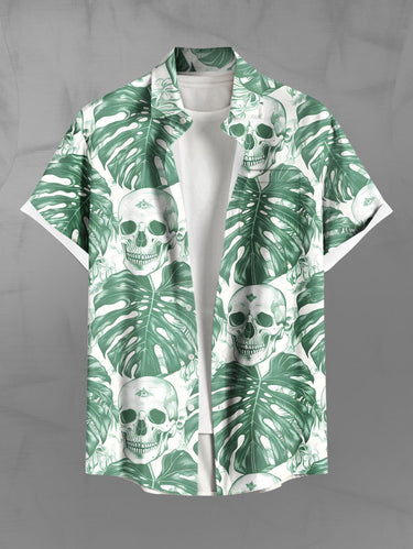 Gothic Plus SizeTropical Leaf Skull Print Hawaii Button Pocket Shirt For Men