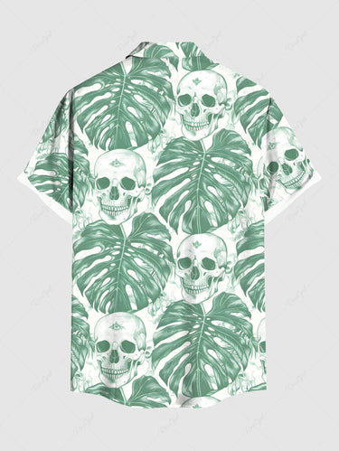 Gothic Plus SizeTropical Leaf Skull Print Hawaii Button Pocket Shirt For Men