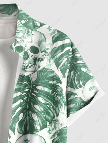 Gothic Plus SizeTropical Leaf Skull Print Hawaii Button Pocket Shirt For Men