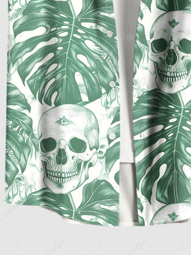 Gothic Plus SizeTropical Leaf Skull Print Hawaii Button Pocket Shirt For Men