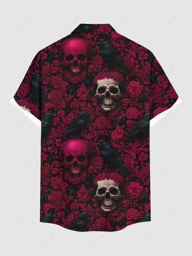 Gothic Plus Size Skull Flower Print Button Pocket Shirt For Men