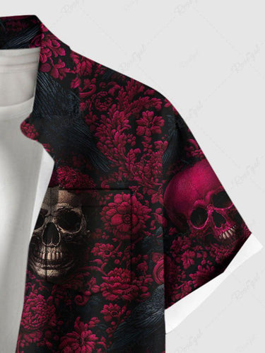 Gothic Plus Size Skull Flower Print Button Pocket Shirt For Men