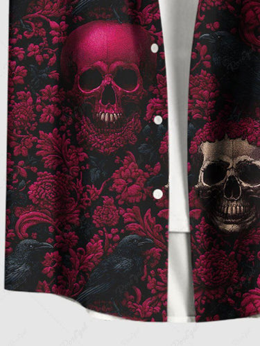 Gothic Plus Size Skull Flower Print Button Pocket Shirt For Men