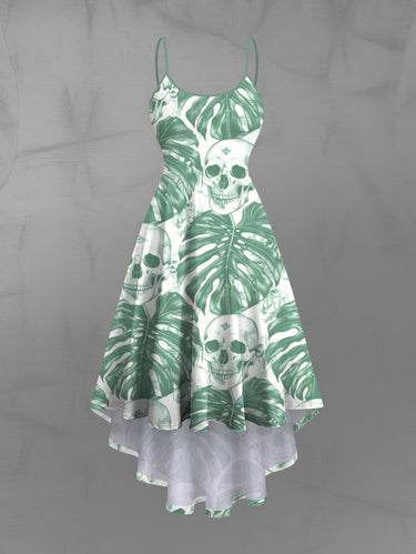 Gothic Plus Size Tropical Leaf Skull Print Hawaii High Low Asymmetric Cami Dress