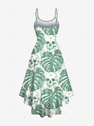 Gothic Plus Size Tropical Leaf Skull Print Hawaii High Low Asymmetric Cami Dress