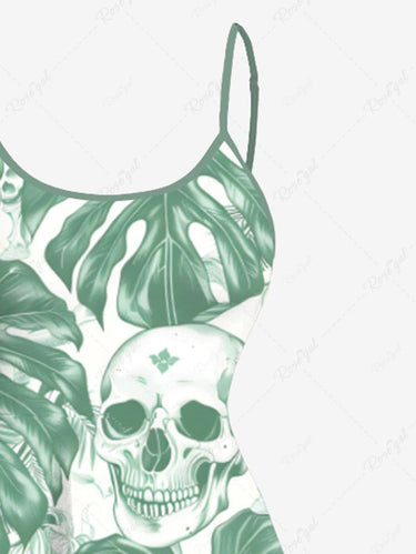 Gothic Plus Size Tropical Leaf Skull Print Hawaii High Low Asymmetric Cami Dress