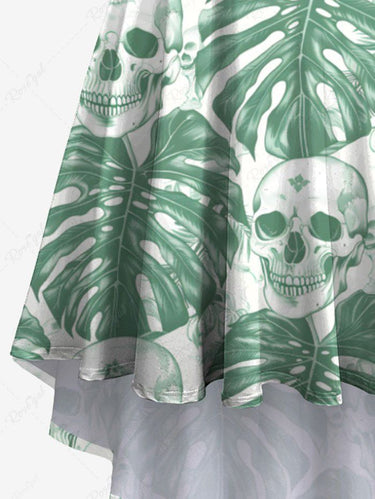 Gothic Plus Size Tropical Leaf Skull Print Hawaii High Low Asymmetric Cami Dress