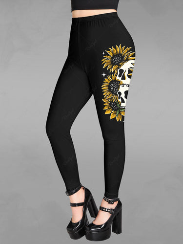 Gothic Plus Size Skull Sunflower Print Leggings