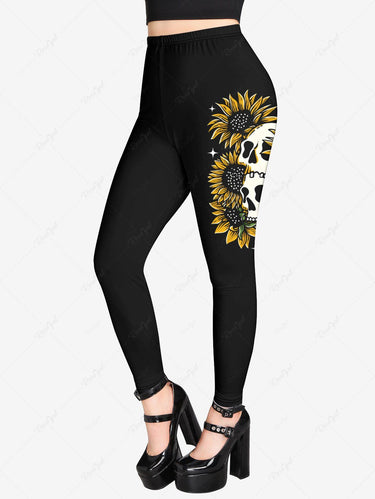Gothic Plus Size Skull Sunflower Print Leggings