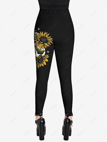 Gothic Plus Size Skull Sunflower Print Leggings