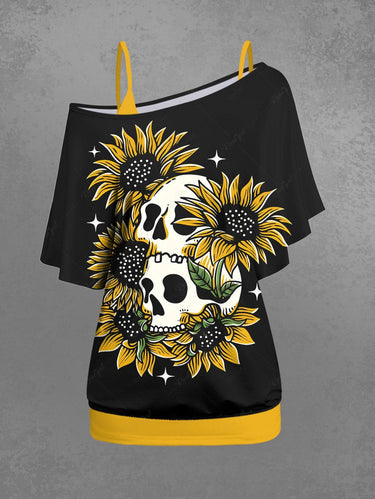 Gothic Plus Size Solid Cami Top and Skull Sunflower Print T-shirt Set