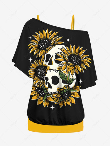 Gothic Plus Size Solid Cami Top and Skull Sunflower Print T-shirt Set