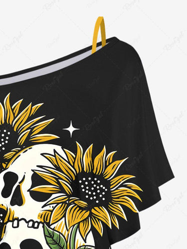 Gothic Plus Size Solid Cami Top and Skull Sunflower Print T-shirt Set