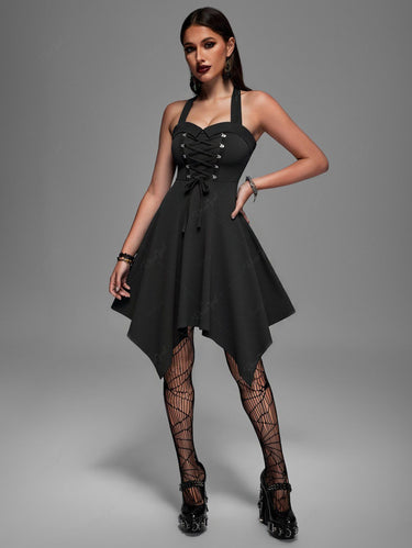 Gothic Turn-down Lace Up Halter Handkerchief Solid Dress Black / M Gothic Turn-down Lace Up Halter Handkerchief Solid Dress Black / M