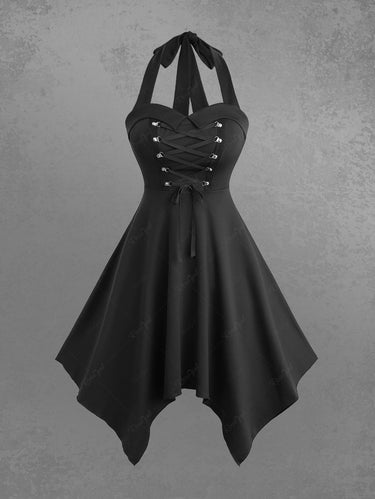 Gothic Turn-Down Lace Up Halter Handkerchief Solid Dress Black / M Gothic Turn-Down Lace Up Halter Handkerchief Solid Dress Black / M