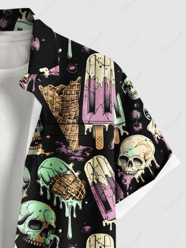 Gothic Plus Size Skull Ice Cream Print Button Pocket Shirt For Men