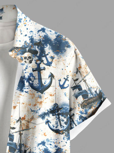 Gothic Plus Size Skull Anchor Sailboat Print Hawaii Cruise Button Pocket Shirt For Men