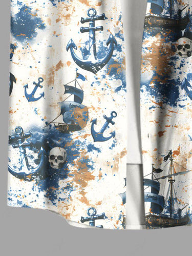 Gothic Plus Size Skull Anchor Sailboat Print Hawaii Cruise Button Pocket Shirt For Men