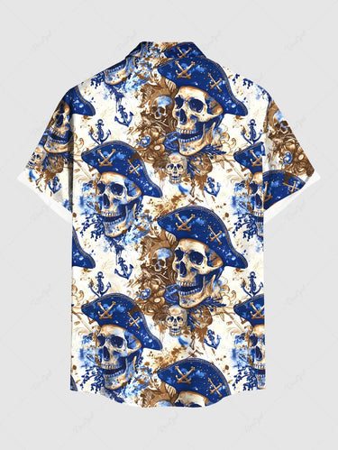Gothic Plus Size Skull Pirate Anchor Print Hawaii Cruise Button Pocket Shirt For Men
