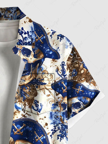 Gothic Plus Size Skull Pirate Anchor Print Hawaii Cruise Button Pocket Shirt For Men