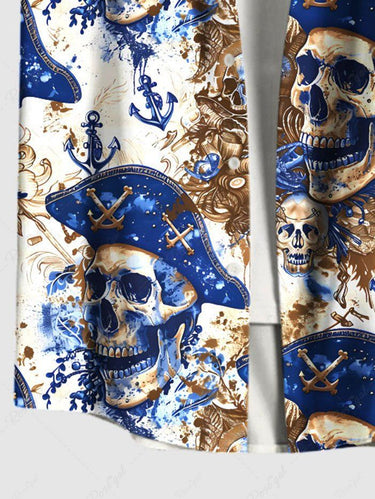 Gothic Plus Size Skull Pirate Anchor Print Hawaii Cruise Button Pocket Shirt For Men