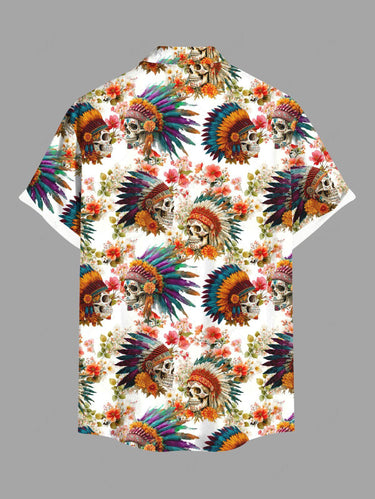 Gothic Plus Size Flower Skull Ethnic Print Hawaii Button Pocket Shirt For Men