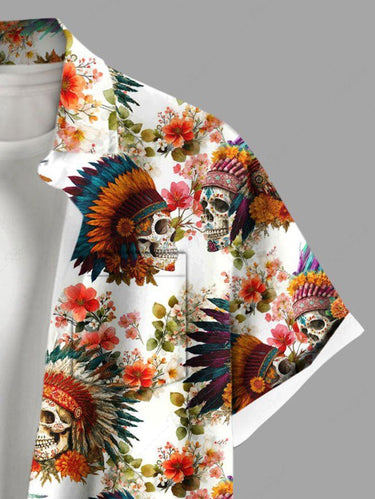 Gothic Plus Size Flower Skull Ethnic Print Hawaii Button Pocket Shirt For Men