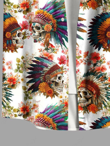 Gothic Plus Size Flower Skull Ethnic Print Hawaii Button Pocket Shirt For Men