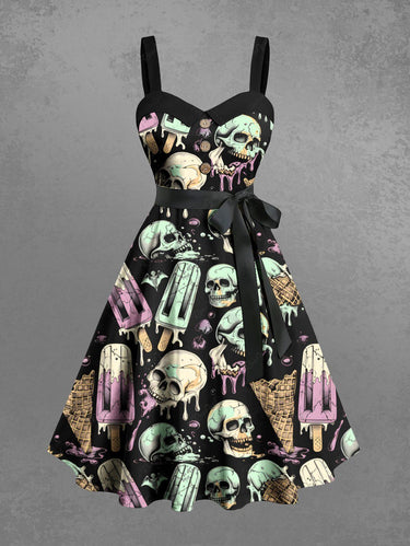 Gothic Plus Size Skull Ice Cream Print Button A Line Dress with Removable Belt