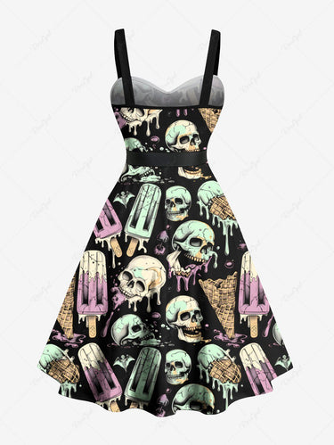 Gothic Plus Size Skull Ice Cream Print Button A Line Dress with Removable Belt