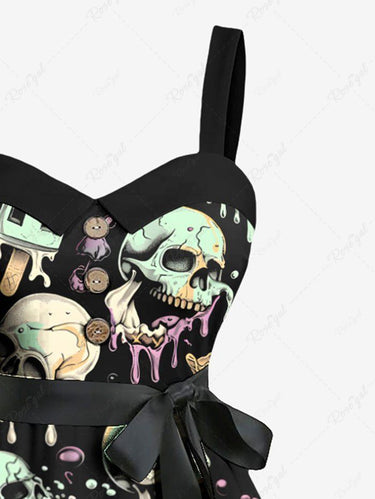 Gothic Plus Size Skull Ice Cream Print Button A Line Dress with Removable Belt