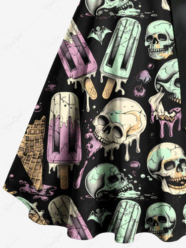 Gothic Plus Size Skull Ice Cream Print Button A Line Dress with Removable Belt