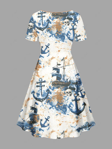 Gothic Plus Size Skull Anchor Sailboat Print Hawaii Cruise Cinched A Line Dress