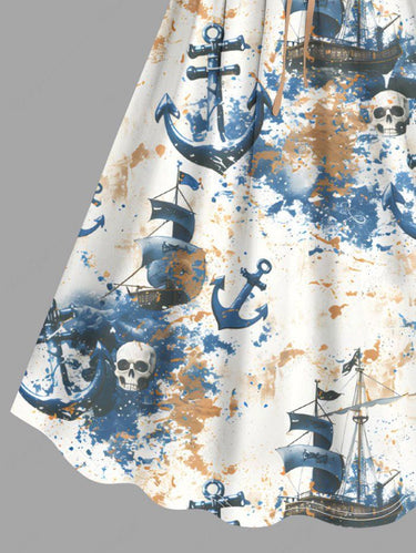 Gothic Plus Size Skull Anchor Sailboat Print Hawaii Cruise Cinched A Line Dress