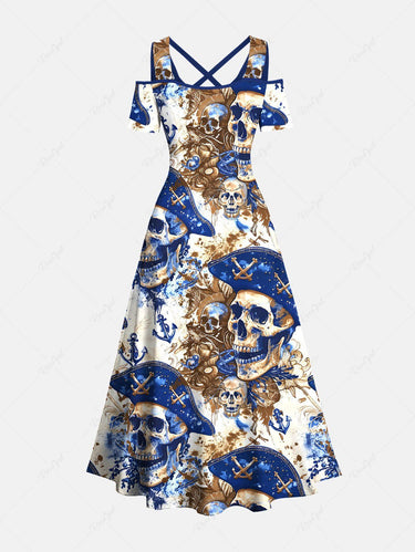 Gothic Plus Size Skull Pirate Anchor Print Hawaii Cruise Cold Shoulder Crisscross A Line Maxi Dress