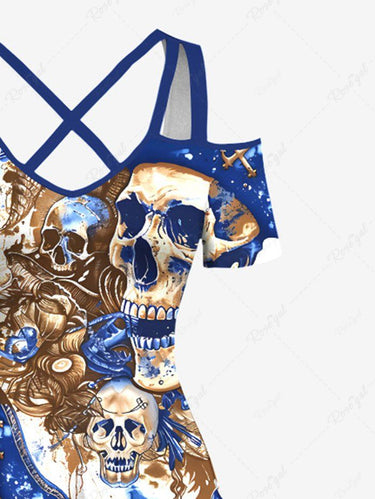Gothic Plus Size Skull Pirate Anchor Print Hawaii Cruise Cold Shoulder Crisscross A Line Maxi Dress