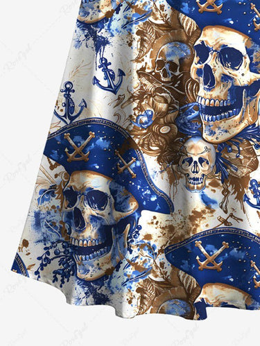 Gothic Plus Size Skull Pirate Anchor Print Hawaii Cruise Cold Shoulder Crisscross A Line Maxi Dress