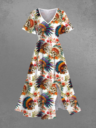 Gothic Plus Size Flower Skull Ethnic Print Hawaii Split Pocket A Line Midi Dress