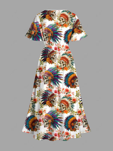 Gothic Plus Size Flower Skull Ethnic Print Hawaii Split Pocket A Line Midi Dress