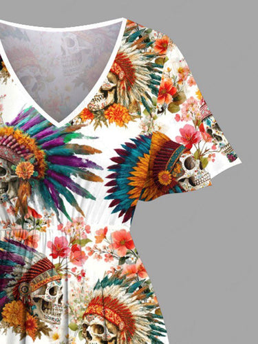 Gothic Plus Size Flower Skull Ethnic Print Hawaii Split Pocket A Line Midi Dress