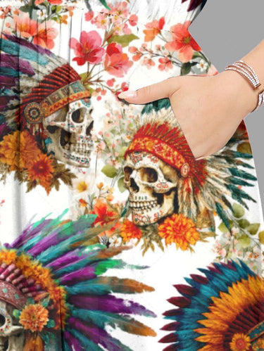 Gothic Plus Size Flower Skull Ethnic Print Hawaii Split Pocket A Line Midi Dress