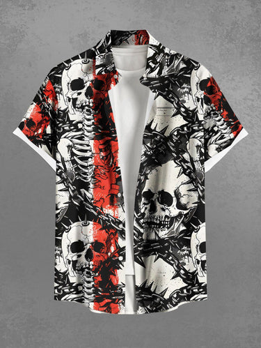 Gothic Plus Size Skull Skeleton Chain Print Button Pocket Shirt For Men