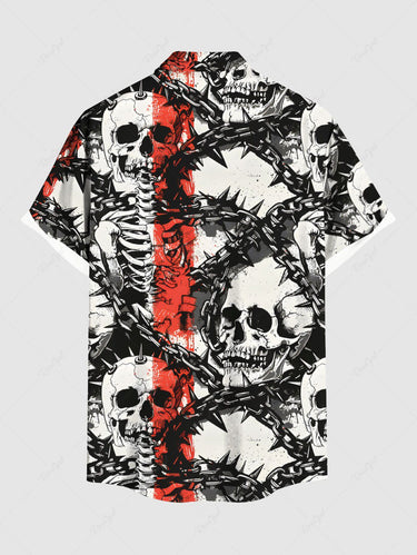 Gothic Plus Size Skull Skeleton Chain Print Button Pocket Shirt For Men