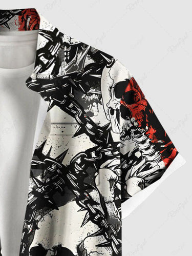 Gothic Plus Size Skull Skeleton Chain Print Button Pocket Shirt For Men