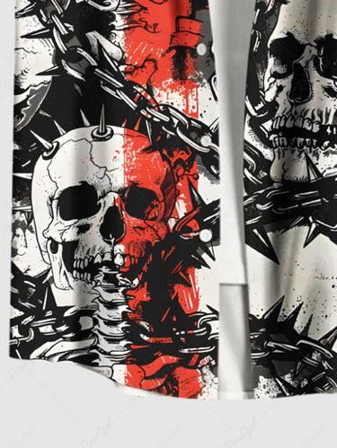 Gothic Plus Size Skull Skeleton Chain Print Button Pocket Shirt For Men